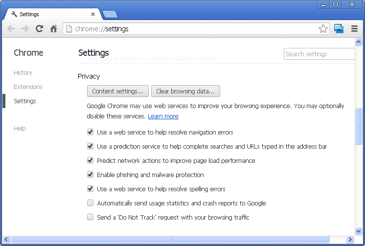 seção Privacidade Chrome